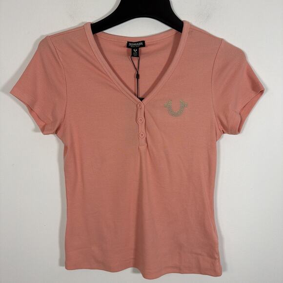 True Religion Studded Horseshoe V Neck Short Sleeve Button Henley Large NWT Rib - Picture 2 of 9